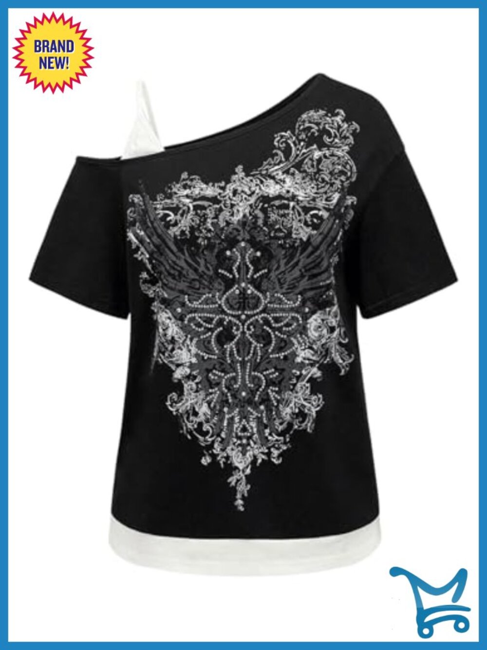 Plus Size Y2k Gothic Graphic Tee Short Sleeve Asymmetrical Neck